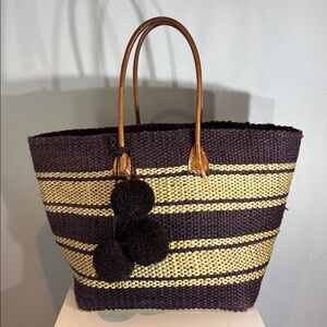 Mar Y Sol striped weaved  tote bag with leather handles pom-poms